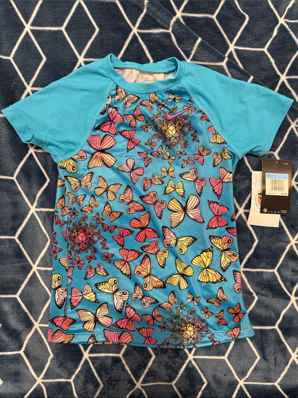 Nike Turquoise Girls Swim Top with Multicolor Butterfly Print